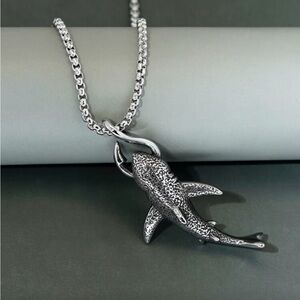 Shark Pendant Charm Fish Hook Silver Chain Fisherman Necklace Rugged Outdoors
